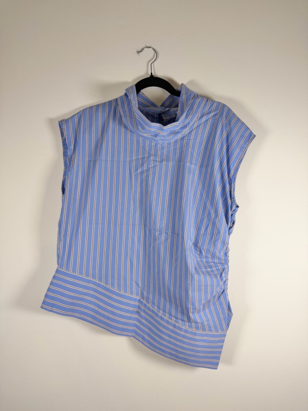 Maeve Blue Striped Mock-Neck Cap-Sleeve Blouse